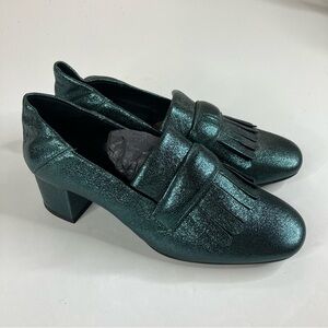 Mango MNG Metallic Green Heeled Loafer Size 36